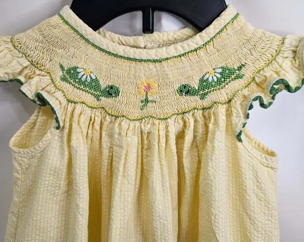 Rosalina Hand Smocked Yellow Seersucker Daisy Flower Dress